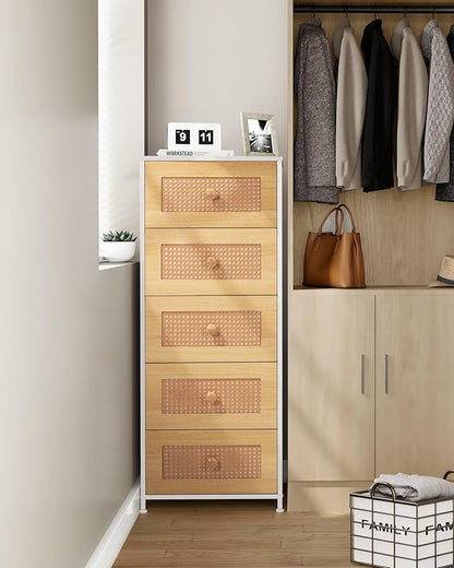 Crestlive Products Rattan Dresser, Tall Fabric Storage Tower, Chests of Drawers with Handles - Organizer Unit for Bedroom, Hallway, Entryway, Closets - 5 Drawers (Natural Drawers, White Top & Frame)