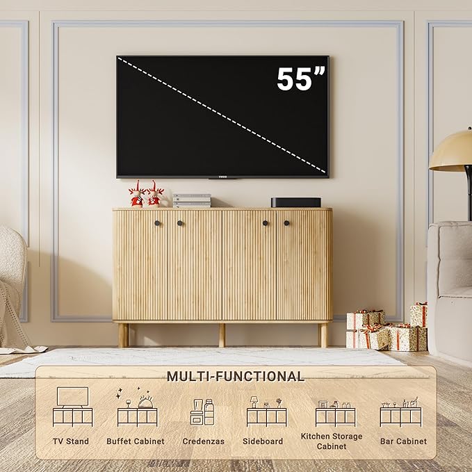 Fluted Sideboard Cabinet, Modern Buffet Cabinet, Storage Cabinet with Adjustable Shelves & Solid Wood Legs, Accent Credenza Sideboard for Kitchen, Coffee Bar, Living Room, Entryway, Hallway