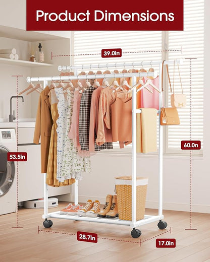 Sakugi Double Rods Clothes Rack - Metal Clothing Rack with Fixed Double Rods, Rolling Wheels & Built-In Shelf for Closet, Bedroom, Laundry Storage (39" x 17" x 60", White)