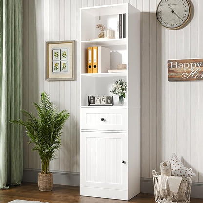 Farmhouse 71" Tall Bookshelf with Drawer, Narrow Bookcase with Adjustable Left/Right Door, Adjustable Shelf, Freestanding Display Book Shelf for Bedroom,Living Room, Office, White