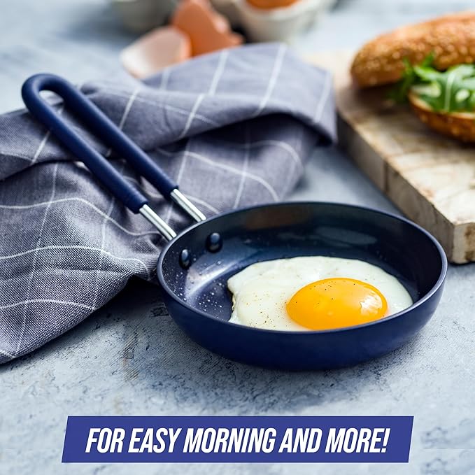 Blue Diamond Mini Egg Frying Pan Skillet, Diamond Infused Healthy Ceramic Nonstick, PFAS and PFOA-Free, Dishwasher and Oven Safe, Even Heating, Metal Utensil Safe, Warp Control Base, Blue