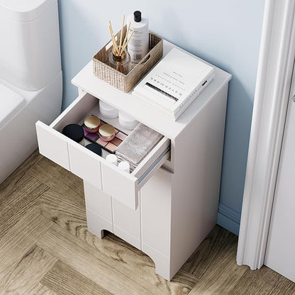 Small Bathroom Cabinet with Adjustable Shelves, Drawer, Anti-Tip Design, 14.96" L x 11.81" W x 32.09" H, Durable MDF for Bathroom, Kitchen, Laundry, Soft-Close Door