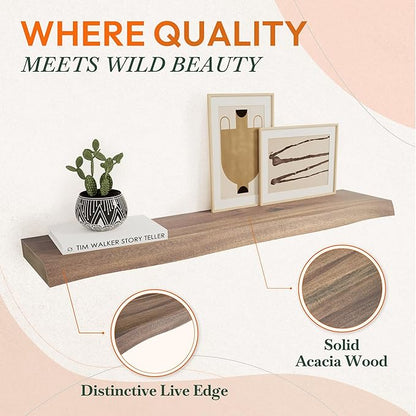 Howizz 24" Acacia Live Edge Floating Shelves Set of 2 - Wall Mounted Wooden Shelf for Stylish Home Décor - Dark Walnut Color 24x7.5x1.5 Inches