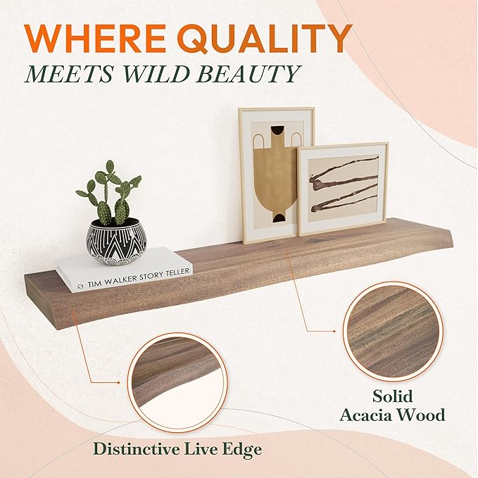 Howizz 36" Acacia Live Edge Floating Shelves Set of 2 - Wall Mounted Wooden Shelf for Stylish Home Décor - Dark Walnut Color 36x7.5x1.5 Inches