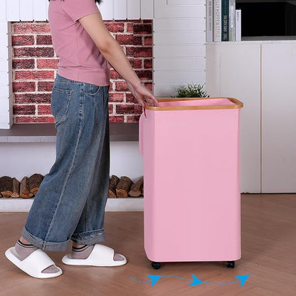 iEGrow 75L Laundry Hamper with Wheels,Clothes Hamper for Laundry,Laundry Basket with Lid and Inner Bag, for Laundry Room, Bedroom, Dormitory Storage,Pink