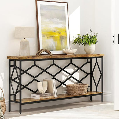 karlott 71" Extra Long Entryway Table, Narrow Console Table, Industrial Sofa Behind Couch Table with Open Storage Shelf, Hallway Table for Entryway, Living Room, Foyer, Entrance, Unique Design, Brown