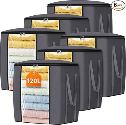 TasticTotes 120L Extra Large Clothes Storage Bags, Foldable Blanket Storage and Organization, Thick Fabric Containers with Reinforced Handles & Zippers for Clothing, Comforters, Bedding, Gray, 6 Pack