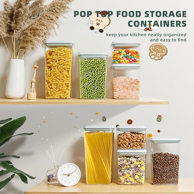 8 Pack Airtight Food Storage Containers with Lids, Pop Top Pantry Organizer Set, BPA-Free Clear Stackable Kitchen Containers with Measurement Marks for Cereal, Flour, Sugar, Pasta, Snacks