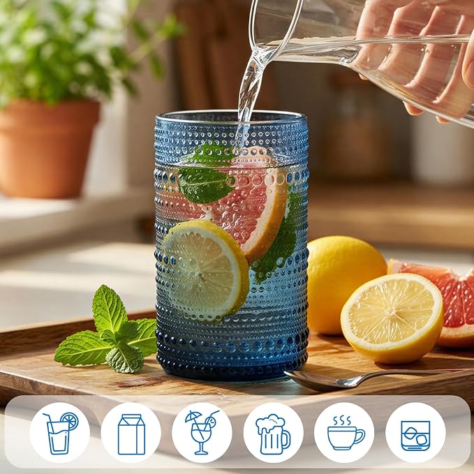 Moretoes Hobnail Drinking Glasses Set of 6, 12 Oz Highball Glasses & 10 Oz Cocktail Glasses, Clear Embossed Boho Glass Cups Kitchen Bar Tumbler Glassware Set for Whiskey, Beer, Juice, Milk (Blue)