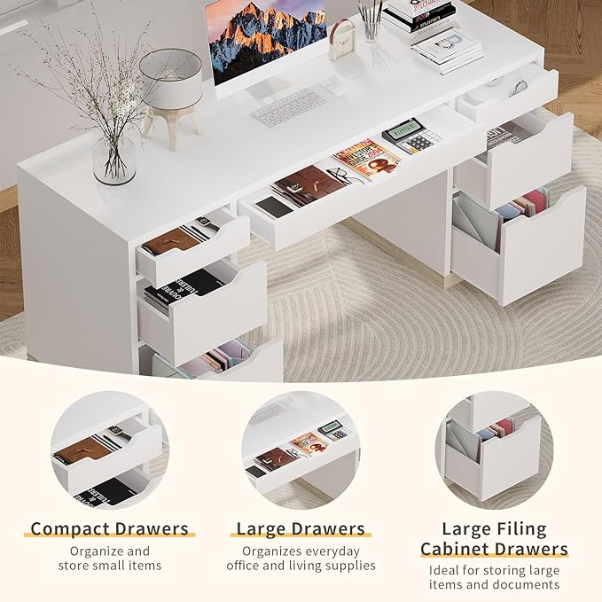 White Desk with 7 Drawers, 54 Inch Executive Desk with Drawers for Bedroom, Home Office Desk with Cabinet for Work Writing Study, Small Spaces