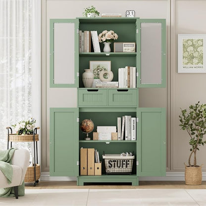 HORSTORS 67" Tall Bathroom Storage Cabinet, Freestanding Storage Cabinet with Glass Door and Shelves, Kitchen Pantry Linen Cabinet with 2 Drawers for Bathroom, Living Room, Dining Room, Green