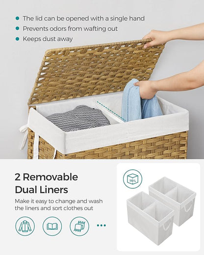 SONGMICS Laundry Hamper with Lid, 110L Clothes Hamper with 2 Removable Liner Bags, 6 Mesh Bags, Wicker Laundry Basket, Double Laundry Hamper for Bathroom, 13 x 22.4 x 23.6 Inches, Natural ULCB52NL