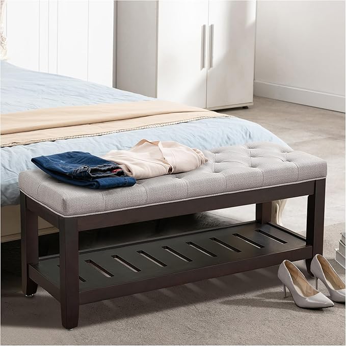 44" Ottoman Bench, Upholstered End of Bed Bench, Oversized Footrest with Wood Shelf torage Storage Bench for Bedroom, Entryway, Living Room, Light Grey