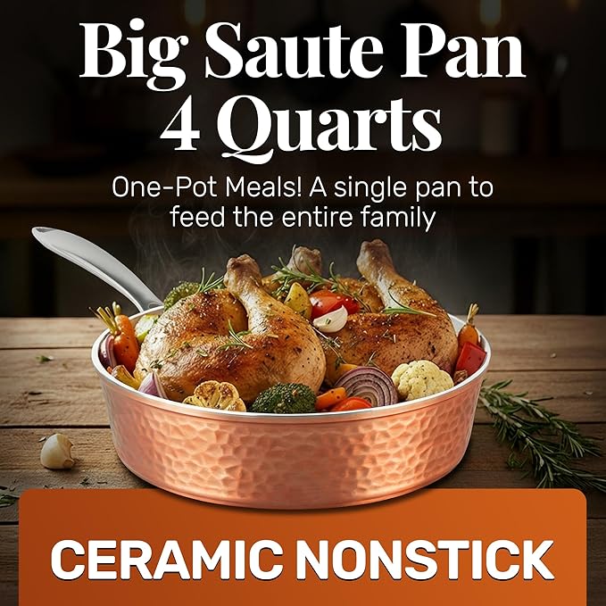 GOTHAM STEEL 4 Qt Saute Pan with Lid, Large Nonstick Skillet for Cooking, 12” Hammered Deep Frying Pan, Family Sized Pans, Ceramic Coating for Sauce, Induction Ready Oven & Dishwasher Safe, Non Toxic