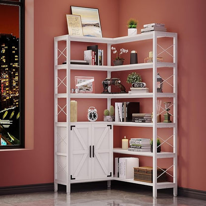 Jartoil Corner Bookshelves 6 Tier, Farmhouse Wooden Bookcases for Corner, L Shaped Etagere Bookshelf with Storage for Living Room Home Office