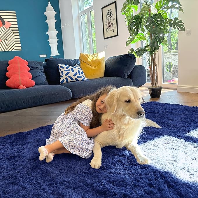 OLANLY 7x7 Machine Washable Large Area Rugs for Living Room, Bedroom, Soft Fluffy Shaggy Bedside Rug, Indoor Floor Carpet for Kids Girls and Boys, Dorms, Nursery, Home Decor Aesthetic, Navy Blue