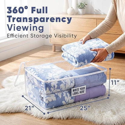Masirs Clear Blanket Storage Bag (2-Pack) - Vinyl Clothing Organizers with Zipper & Label Pocket - Protects from Dust, Moisture & Dirt - Ideal for Underbed Storage Sheets, Comforters & Bedding