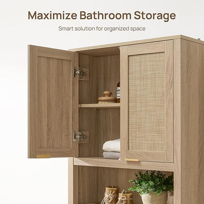 SICOTAS Over The Toilet Storage Cabinet with Rattan Door, Freestanding Bathroom Organizer with Adjustable Shelf, Space Saver Cabinet for Bathroom, Laundry Room, Restroom