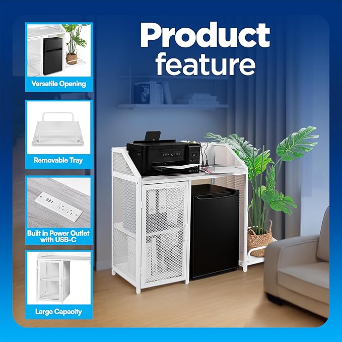 Printer Stand with Shelving for Storage, USB-C, USB-A, & AC Plugs – Space-Saving Open Storage Compartment with Removeable Tray for Paper Shredder/Mini Fridge/Stool for Home or Office