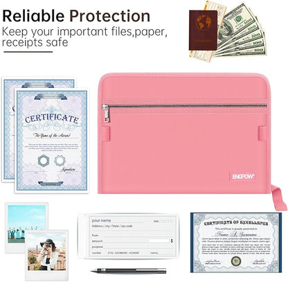 ENGPOW Accordion File Organizer,Fireproof 13 Pockets Expanding File Folder,Document Organizer Folder with Zipper＆Labels,Portable Home Travel Safe Storage for Letter A4 Files and More,Pink