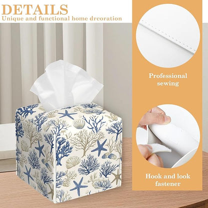 Leather Tissue Box Holder Shells and Starfish Tissue Box Cover Square Waterproof Holder Organizer Modern Napkin Holder for Bedroom Dresser Night Stand Office Desk