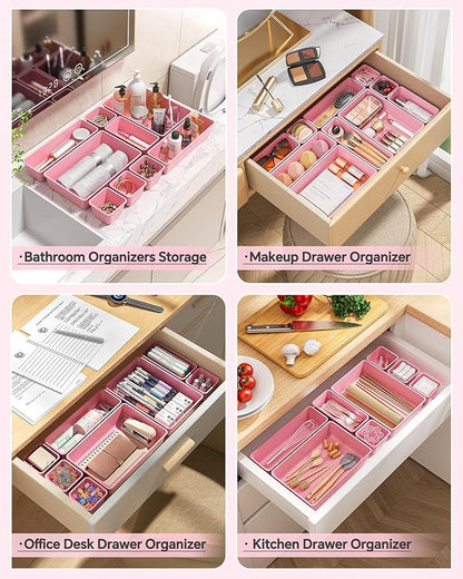 KEMETHY 25 PCS Plastic Drawer Organizers Set, 4 Sizes Vanity Organizer, Makeup and Desk Drawer Organizer Trays, Organization and Storage for Makeup, Bathroom, Kitchen Utensils and Office (Pink)