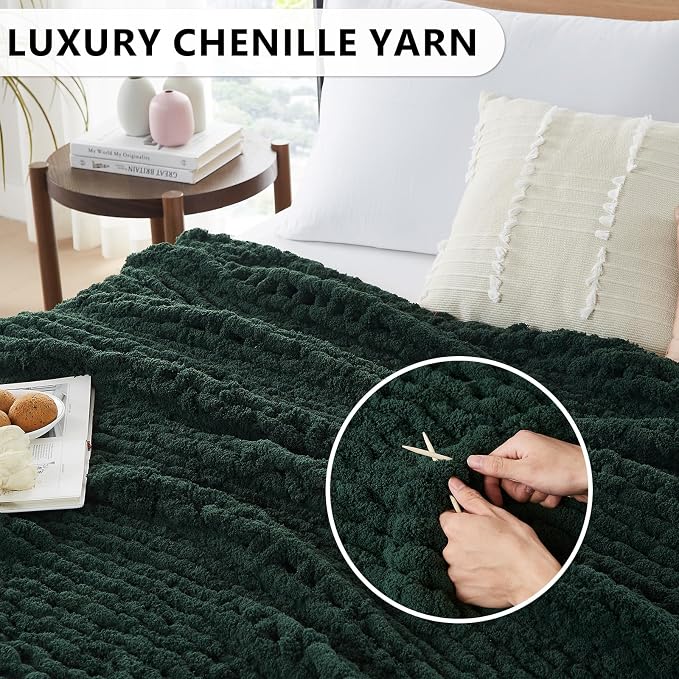 L'AGRATY Chunky Knit Blanket Throw: 72''x84'' Chenille Chunky Knitted Throw Blanket for Bed Couch - Handmade Thick Big Cable Knit Blankets - Large Crochet Rope Blanket for Home Decor(Green)