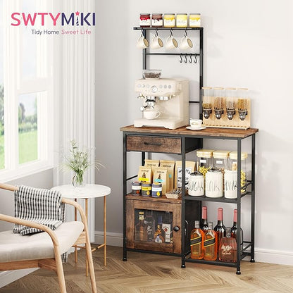 SWTYMIKI Coffee Bar with Hanging Rack - Farmhouse Coffee Stand Station Multi-Purpose Buffet Sideboard Cabinet with Drawers - Kitchen Bar Table for Living Room, Corner, Small Space, Espresso