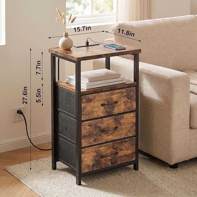 Fixwal Night Stand with 3 Fabric Drawers, Nightstand for Bedroom, Bedside Table with Charging Station End Table with Storage, Rustic Brown