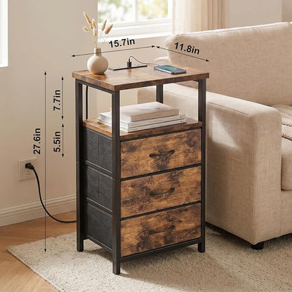 Fixwal Night Stand with 3 Fabric Drawers, Nightstand for Bedroom, Bedside Table with Charging Station End Table with Storage, Rustic Brown