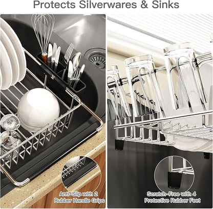 Over the Sink Expandable Dish Drainer Drying Rack In Stainless Steel for Small Kitchen, Counter Space Saving Modern Compact Metal Above Plate Dryer Strainer, Adjustable Hanging Inside Drain Holder | Expandable Stainless Steel Dish Drainer for Small Kit...