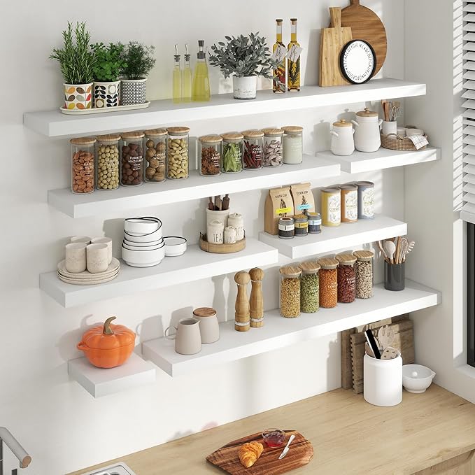 40 Inch Floating Shelves for Wall, 8 Inch Deep Floating Shelf for Storage & Display, Rustic Wall Mounted Shelf with Invisible Brackets for Living Room, Kitchen, Bathroom, Home Decor, Set of 2, White