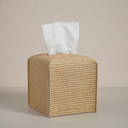 OLETHA Square Tissue Box Cover - Aesthetic Desk Decor for Room, Home & Office - Tissues Cube Boxes Holder - Rattan Textured, Set of 2