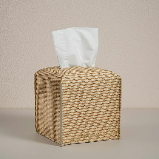 OLETHA Square Tissue Box Cover - Aesthetic Desk Decor for Room, Home & Office - Tissues Cube Boxes Holder - Rattan Textured, Set of 2