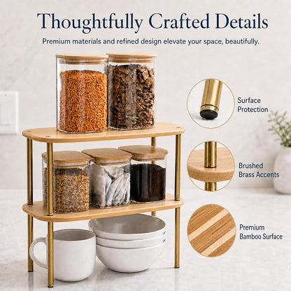 Ibyx Cabinet Organizer Set of 2 - Kitchen Pantry Organizers and Storage with Bamboo Top & Brass-Effect Metal Legs - for Kitchen Counter & Stackable Shelves for Cabinets with 22 lb Capacity - Natural