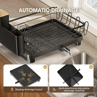 Runnatal Dish Drying Rack, Stainless Steel Dish Rack with Drainboard for Kitchen Counter and Sink, Large Capacity Dish Drainer, Detachable 2-in-1 Utensil Holder, Cup Holder, Black