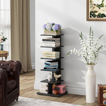 TUTOTAK Narrow Bookshelf, 6-Tier Bookcase, Spine Book Shelf for Small Space, Corner Standing Shelf for Living Room, Office, Study, Entryway, Black BS06BK016