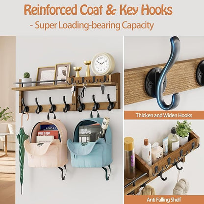 29 inch Coat Rack Wall Mount with Shelf, Set of 2 Heavy Duty Coat Hooks Wall Mount, Entryway Coat Hanger Wall Shelf with Key Holders and Mail Organizer for Living Room, Bedroom, Bathroom