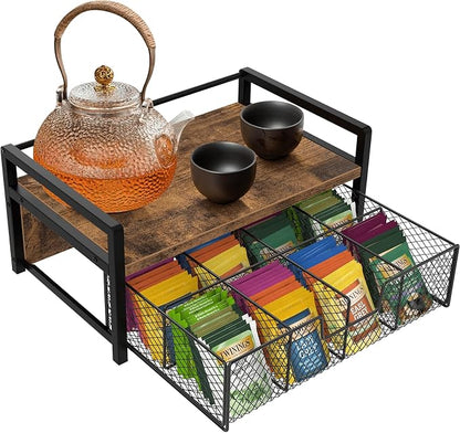 Homode Tea Bag Organizer, Wood Tea Organizers and Storage Chest, Teabag Holder with Storage Drawer,Tea Station Chest Display Container Box for Countertop Kitchen, Rustic Brown
