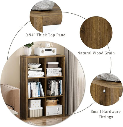 Cube Storage Organizer Bookcase, Decorative 11 inch Open Back Cubical Shelf with Thickened Border, Display Bookshelf for Living Room, Home Office, Sturdy Room (Brown, 6 Cube)