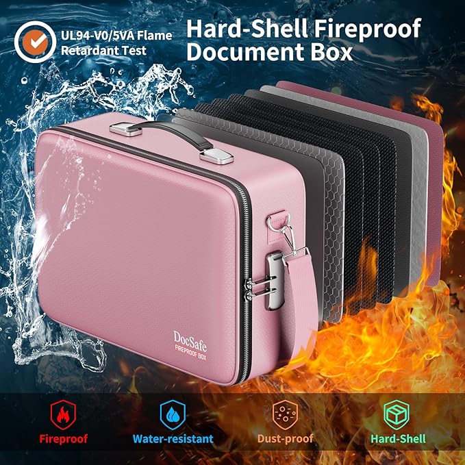 DocSafe Fireproof Document Box with Lock, Hard Case File Organizer with Accordion File Folder, Fireproof Water Resistant Safe Box Home Office Travel Storage for Important Documents Laptop Pink