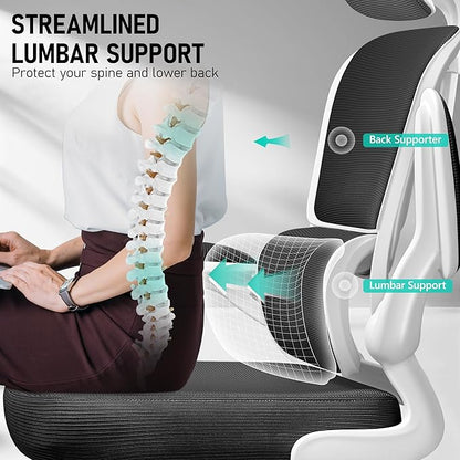 High Back Ergonomic Office Chair, Breathable Mesh Desk Chair with Lumbar Support, Adjustable Headrest, Flip-up Armrests, Computer Gaming Chair, (White, 1Pack)