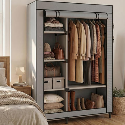 Calmootey Portable Closet Organizers, Clothing Storage, Wardrobe with 6 Shelves and Hanging Rod, Non-Woven Fabric Cover with 4 Side Pockets, Grey