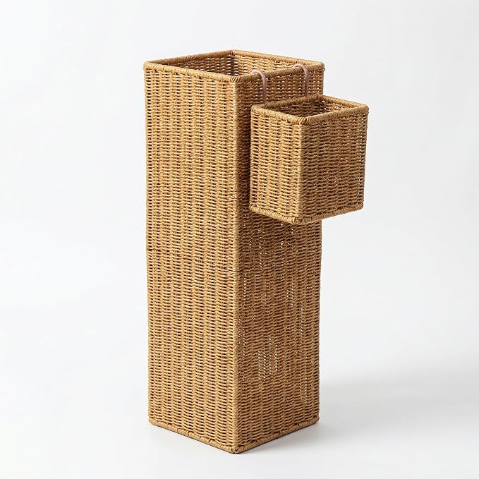Rattan Umbrella Stand with Drip Tray, 22.5''H Umbrella Holder with Small Basket for Entryway, Tall Wicker Basket for Storage, Woven Organizer for Inoor, Outdoor, Home, Office, Hotel