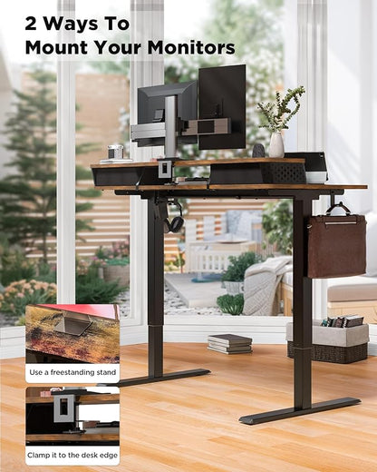 FiCiHi Standing Desk with Drawers,C-Clamp Mount Compatible, 48x24 Inch Electric Adjustable Height Computer Stand Up Desks, Home Office Sit Stand Table with 3 Preset Heights & Hooks, Rustic Brown