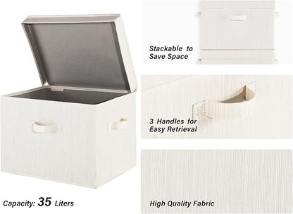 StorageWorks Closet Storage Bin with Lids, Decorative Storage Boxes with Handles, Fabric Storage Bins for Clothes, Jumbo, Mixing of Beige, White & Ivory, 2-Pack