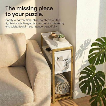 Skinny Side Table with Storage, 3 Tier Slim Side Tables for Small Spaces, Skinny End Table Narrow Bedside Table Narrow Side Table for Living Room, Bedroom