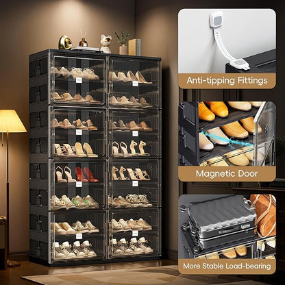 JEKO&JEKO 10-Tier Foldable Shoe Storage Cabinet with Magnetic Doors, Large Stackable Shoe Organizer Cabinet for Entryway, Clear Front Door Shoe Boxes Hold Up to 40 Pairs (Black)