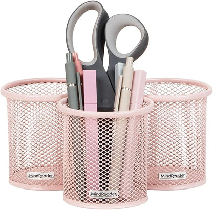 Mind Reader Pen and Accessories Holder, Desktop Organizer, Office, Metal Mesh, 3.5"L x 3.5"W x 3.75"H, Set of 3, Pink