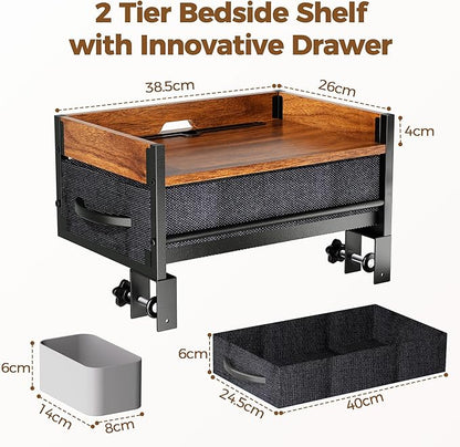 Bedside Shelf for Dorm Room, 2 Tier Clip On Bed Side Table Loft Shelf for Bunk Bed, Bedside Tray with Cable Management, Under Mattress Bedside Shelf, Back to School